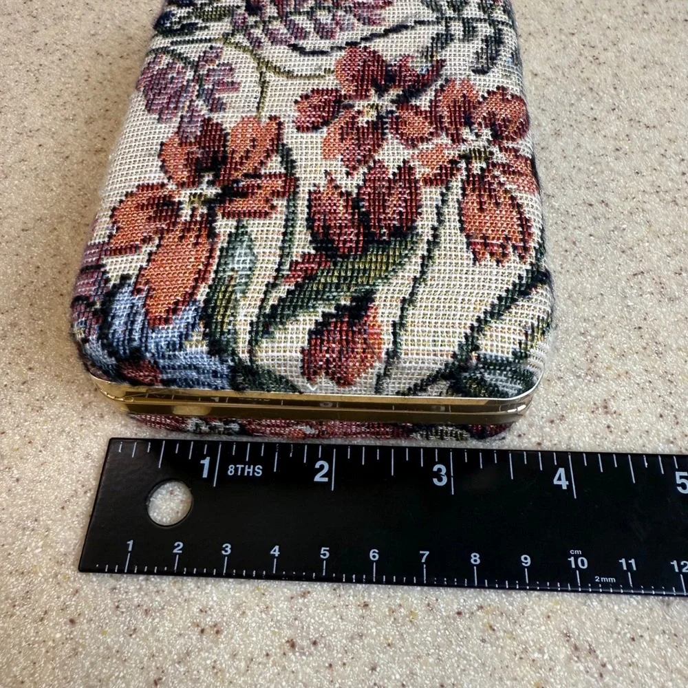VTG Floral Tapestry Jewelry Travel Case Gold Metal Frame Clam Shell Organizer